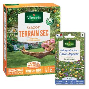 Gazon Terrain Sec - 3 kg + Gazon Japonais - 4 m² - Mélange de fleurs
